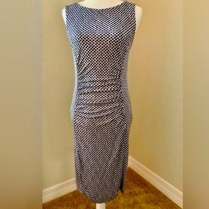 🔷TORY BURCH Midi 100% Silk Sleeveless Polka Dot Ruched Front Stretch Fitted Drs